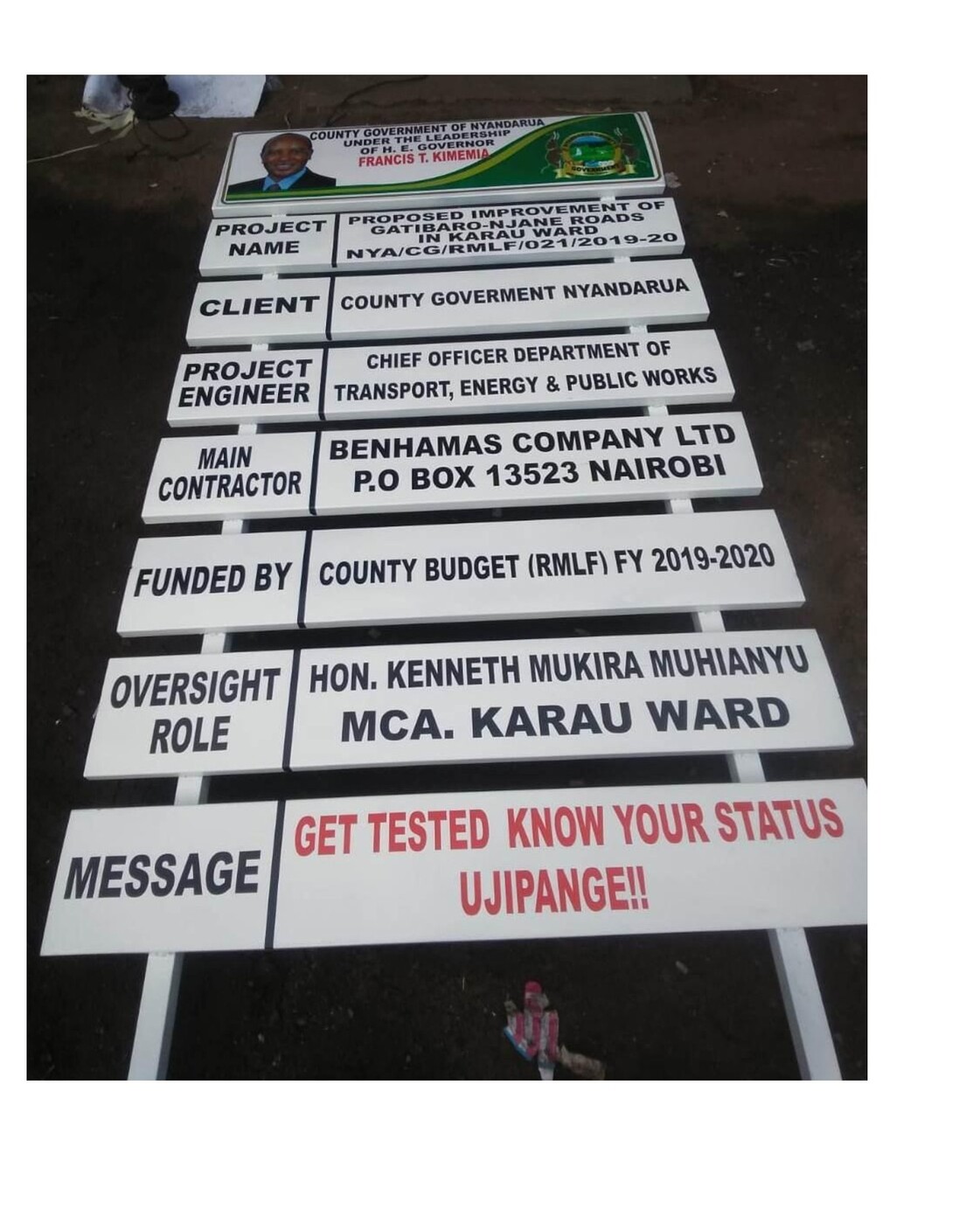 Gatibaro-Njane Road Improvement project signboard, Nyandarua County — Benhamas Company Ltd, Main Contractor